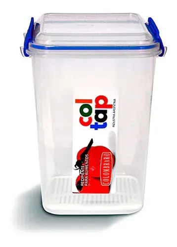 Recipiente para almacenar alimentos de forma rectangular de plástico transparente con tapa y pestillos de color azul