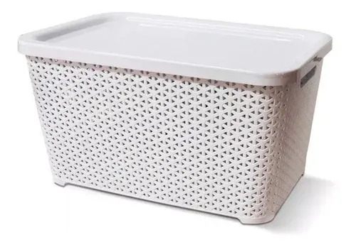 Cesta de almacenamiento de plástico blanco con tapa y diseño tejido.