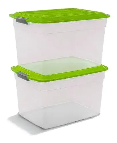 Dos cajas de almacenamiento transparentes con tapas rojas, apiladas una encima de la otra.