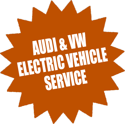 Orange badge: Schedule Audi & VW winterization service, white text on brown circle, sunburst border.