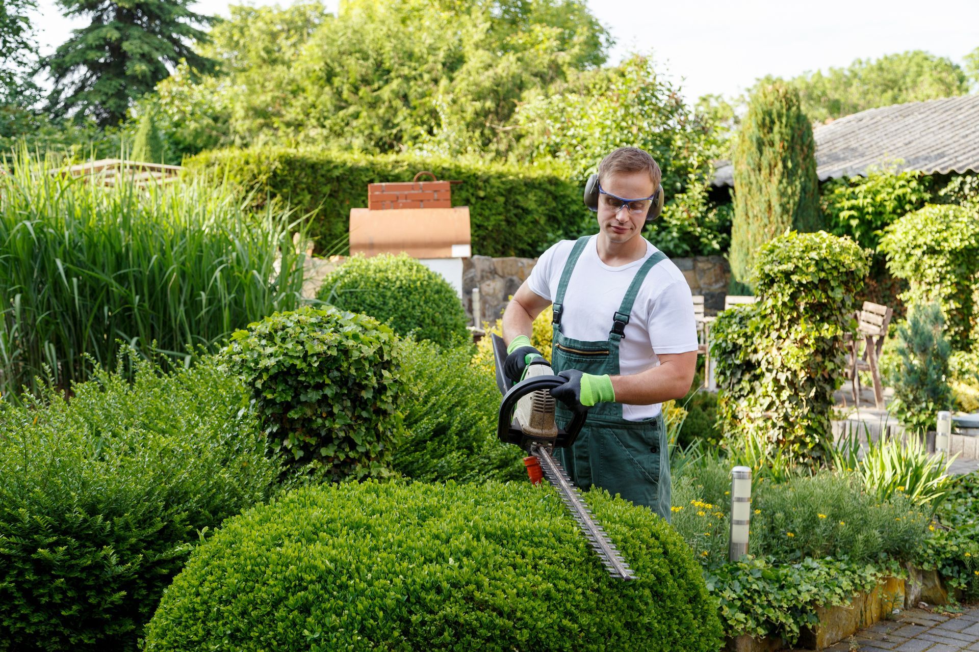 Landscaper trimming bushes
