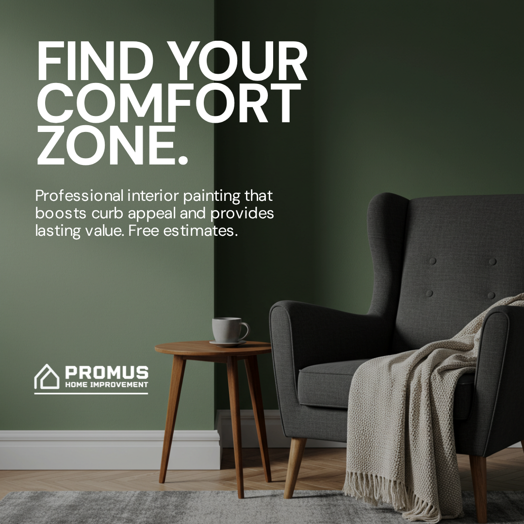 Ad for Promus interior painting.  Text: Find Your Comfort Zone. Professional interior painting that boosts curb appear