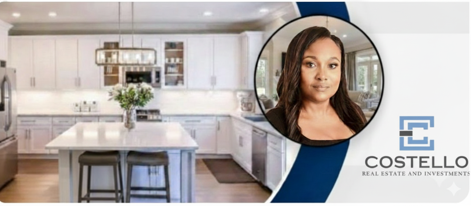 Woman in a circular frame, kitchen background with Costello logo, real estate apartments.