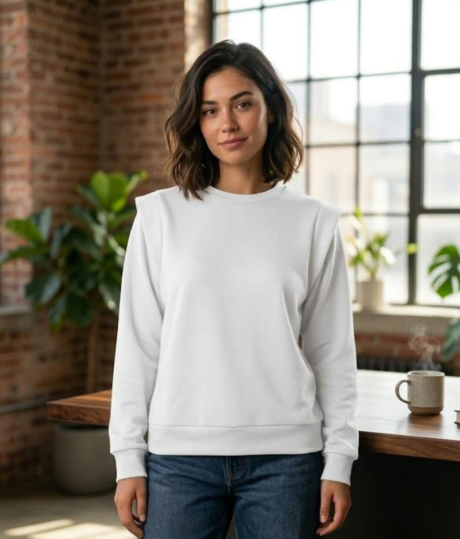 Una persona que viste una sudadera blanca lisa de manga larga