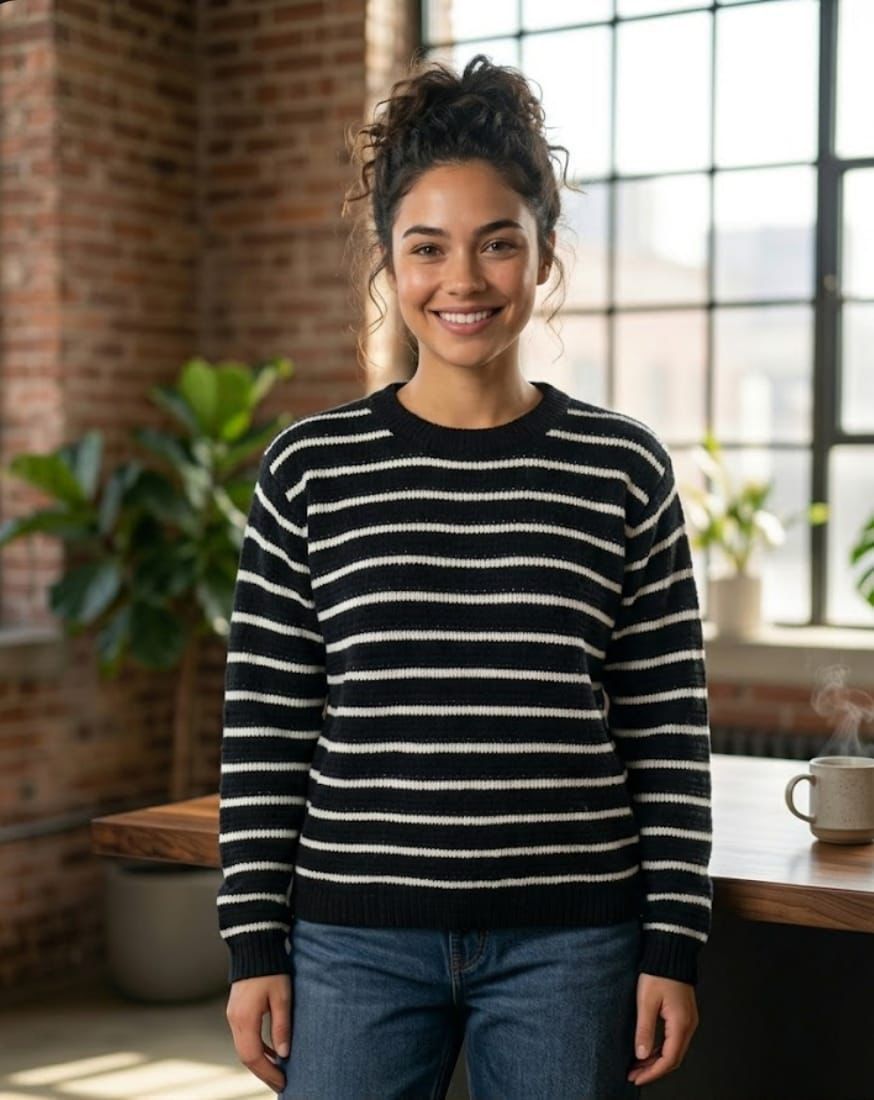 Una persona sonríe mientras lleva un suéter de rayas blancas y negras