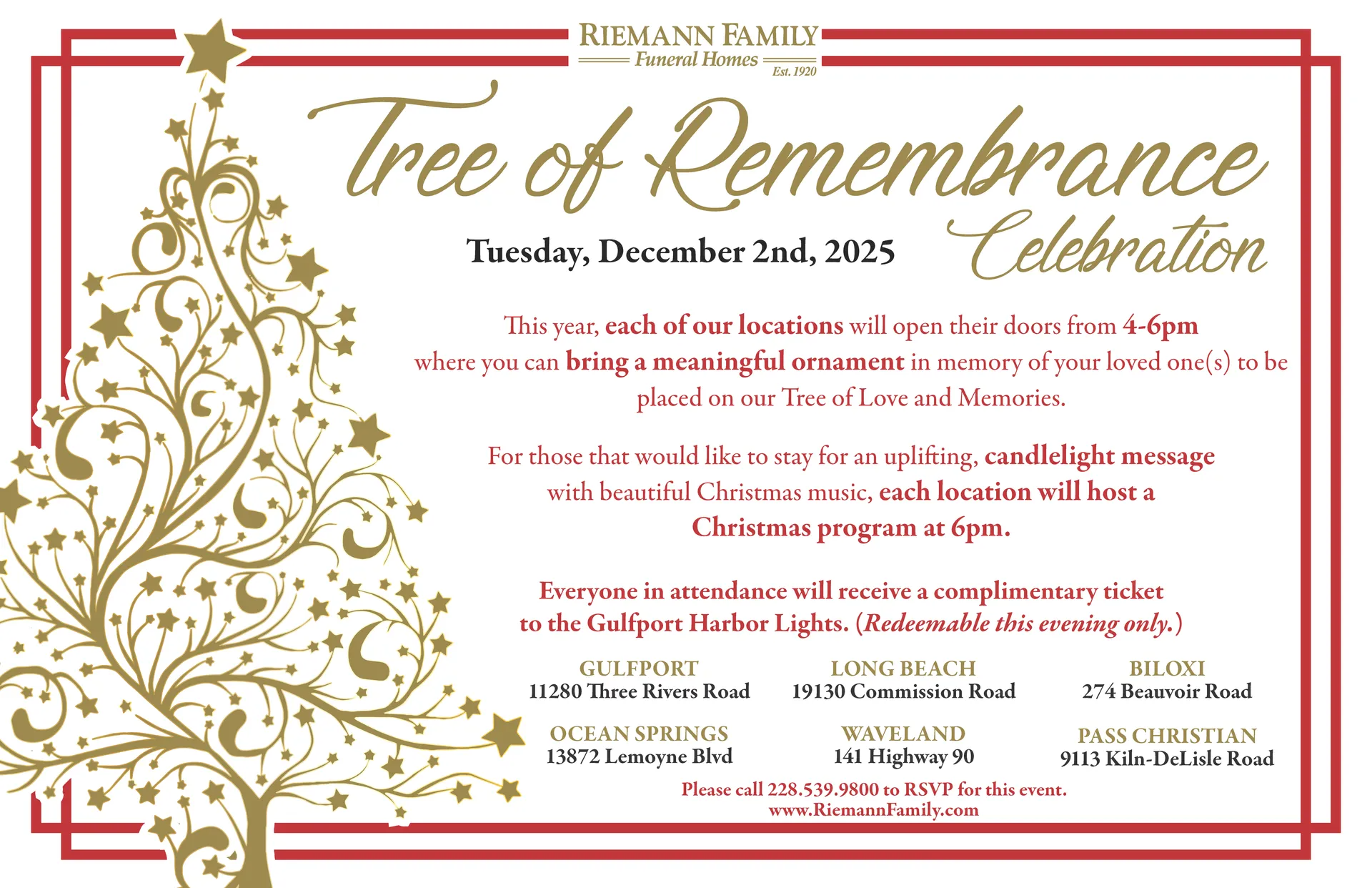 Holiday invitation poster titled “Tree of Remembrance Celebration” in gold and red with a stylized Christmas tree and festive border
