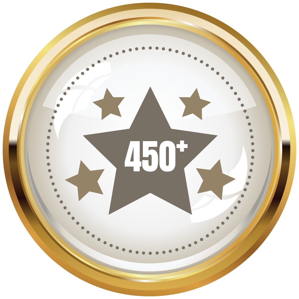 Gold circular badge with a silver star and “450+” in the center, surrounded by four smaller stars.