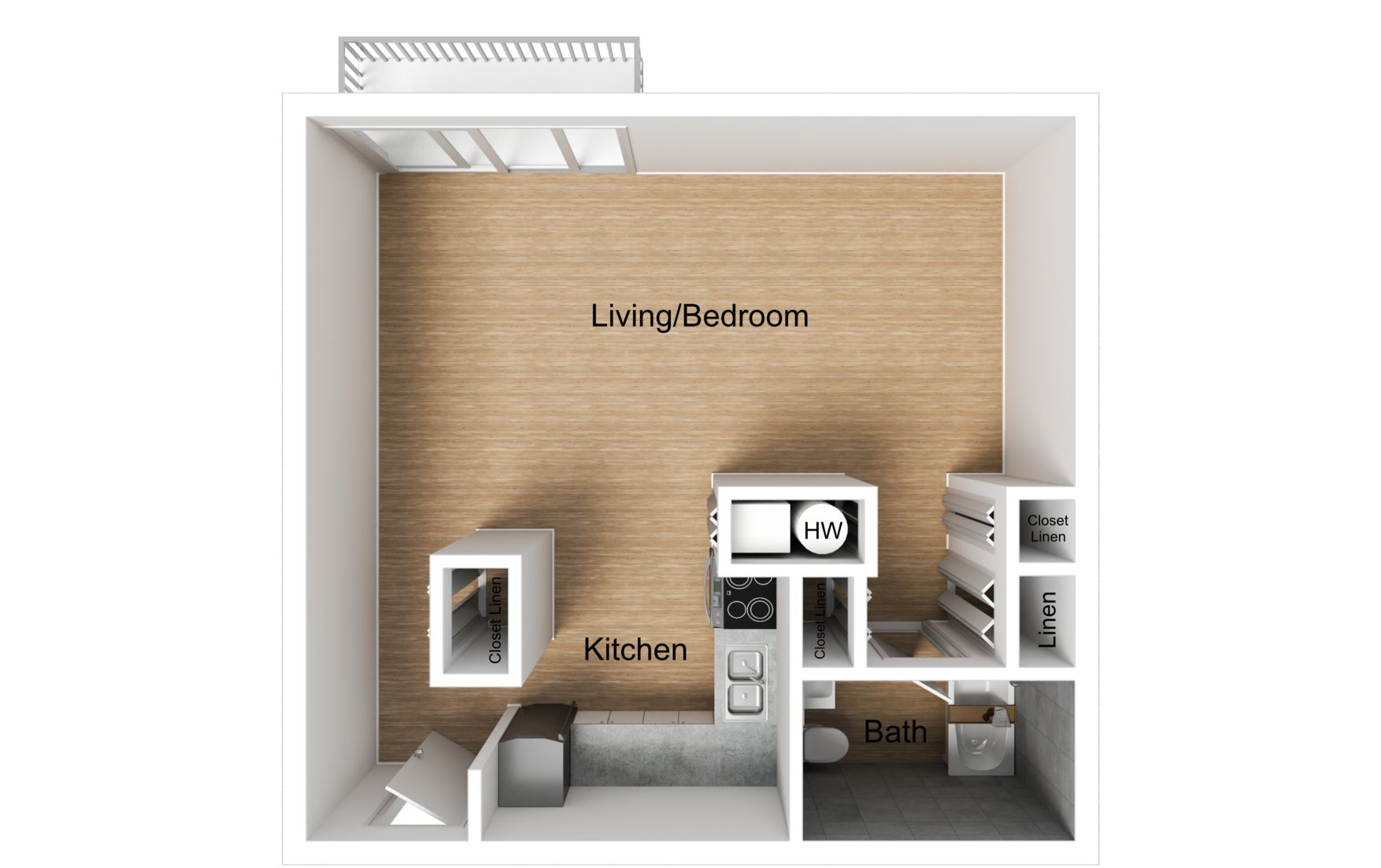 Floor plan of a small studio apartment: kitchen, living area, and bathroom layout in a white-walled space.