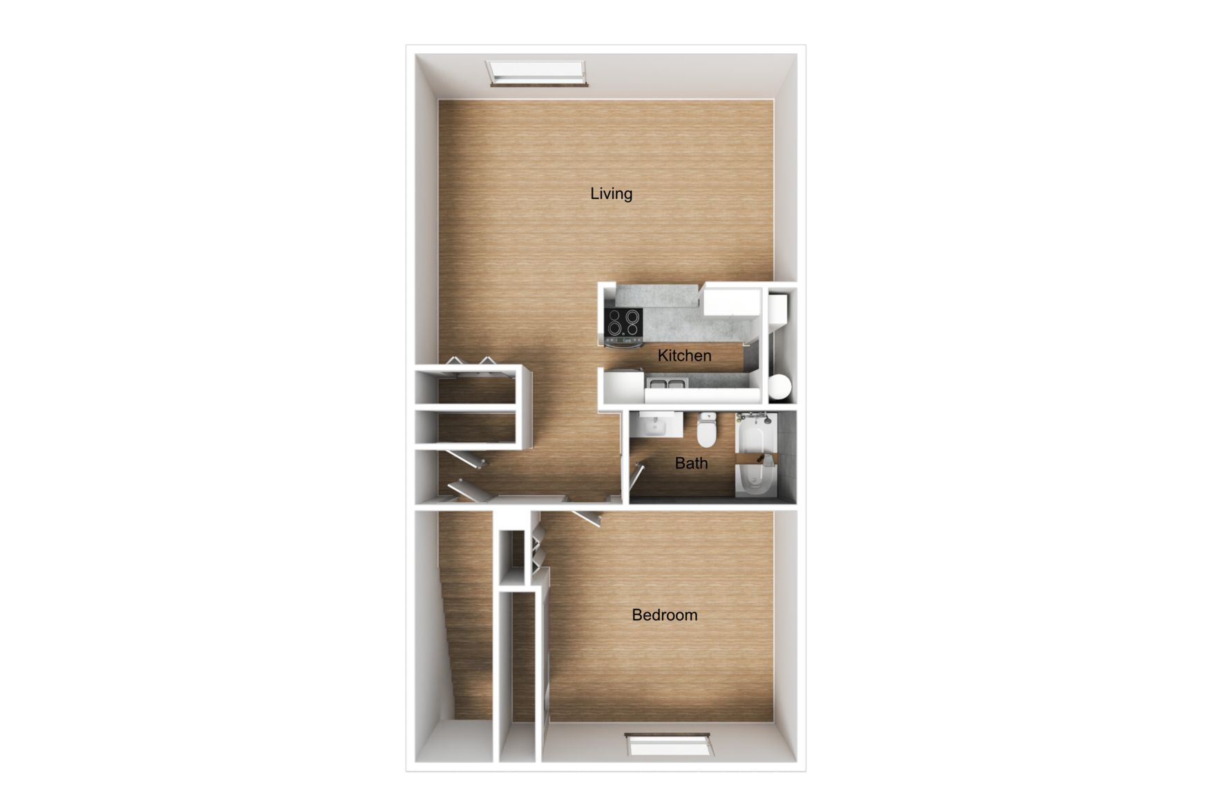 Floor plan of a small apartment with living room, kitchen, bedroom, and bathroom.