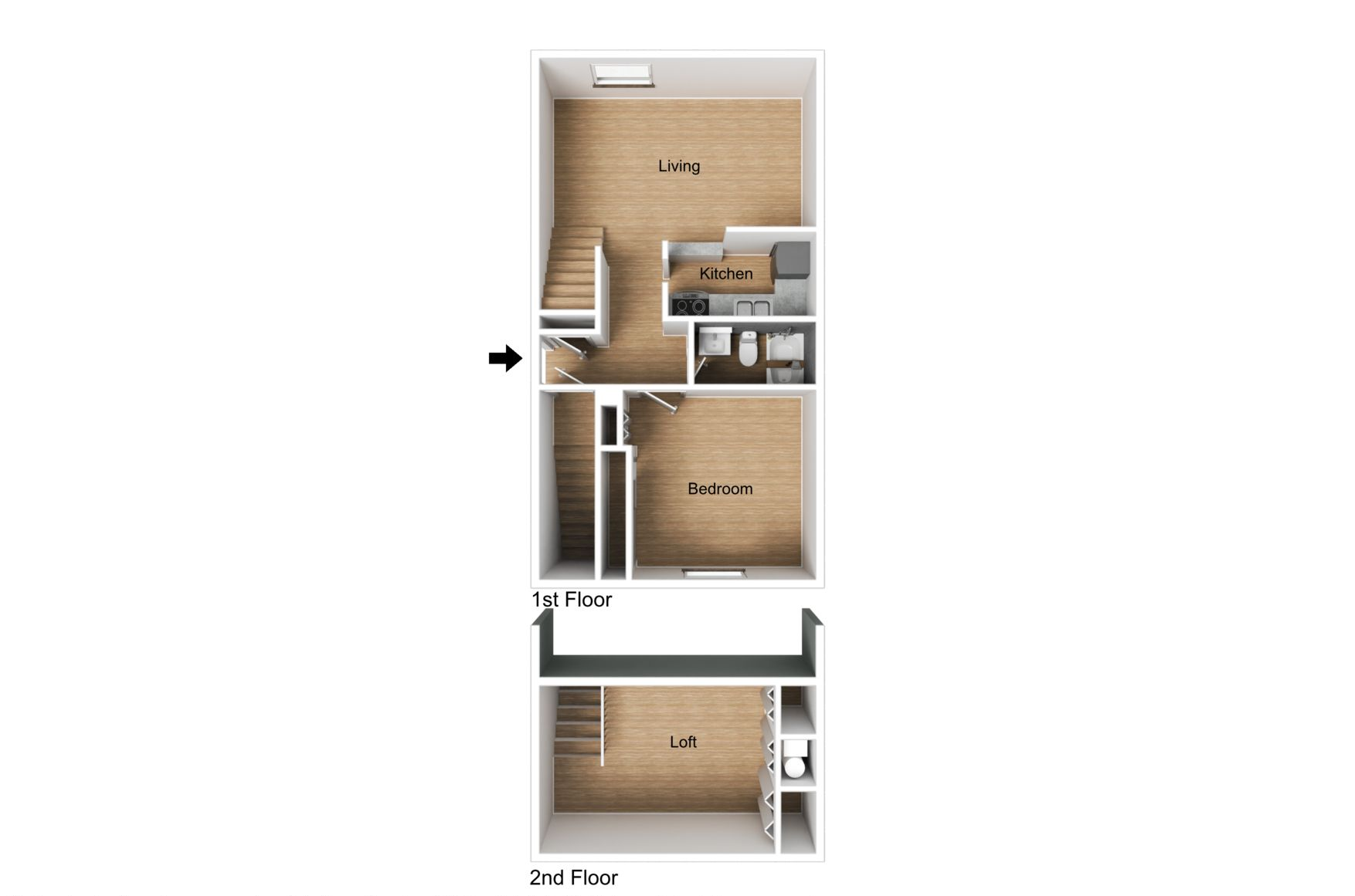 Floor plan of a narrow, three-story townhouse. Top floor: living area, kitchen, and bathroom. Middle floor: bedroom. Bottom floor: another bedroom.