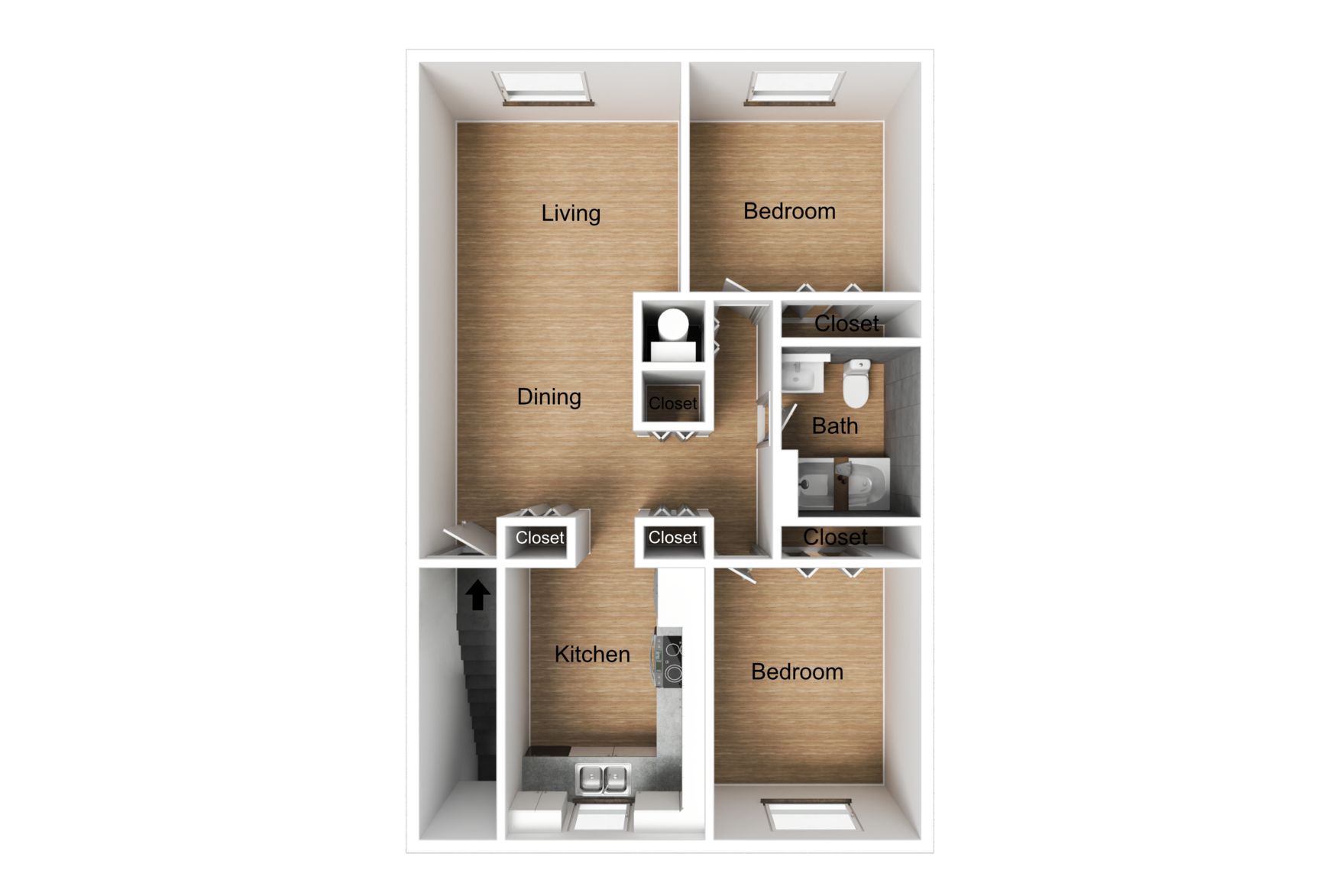 Floor plan of a two-bedroom apartment with kitchen, dining, and living areas.