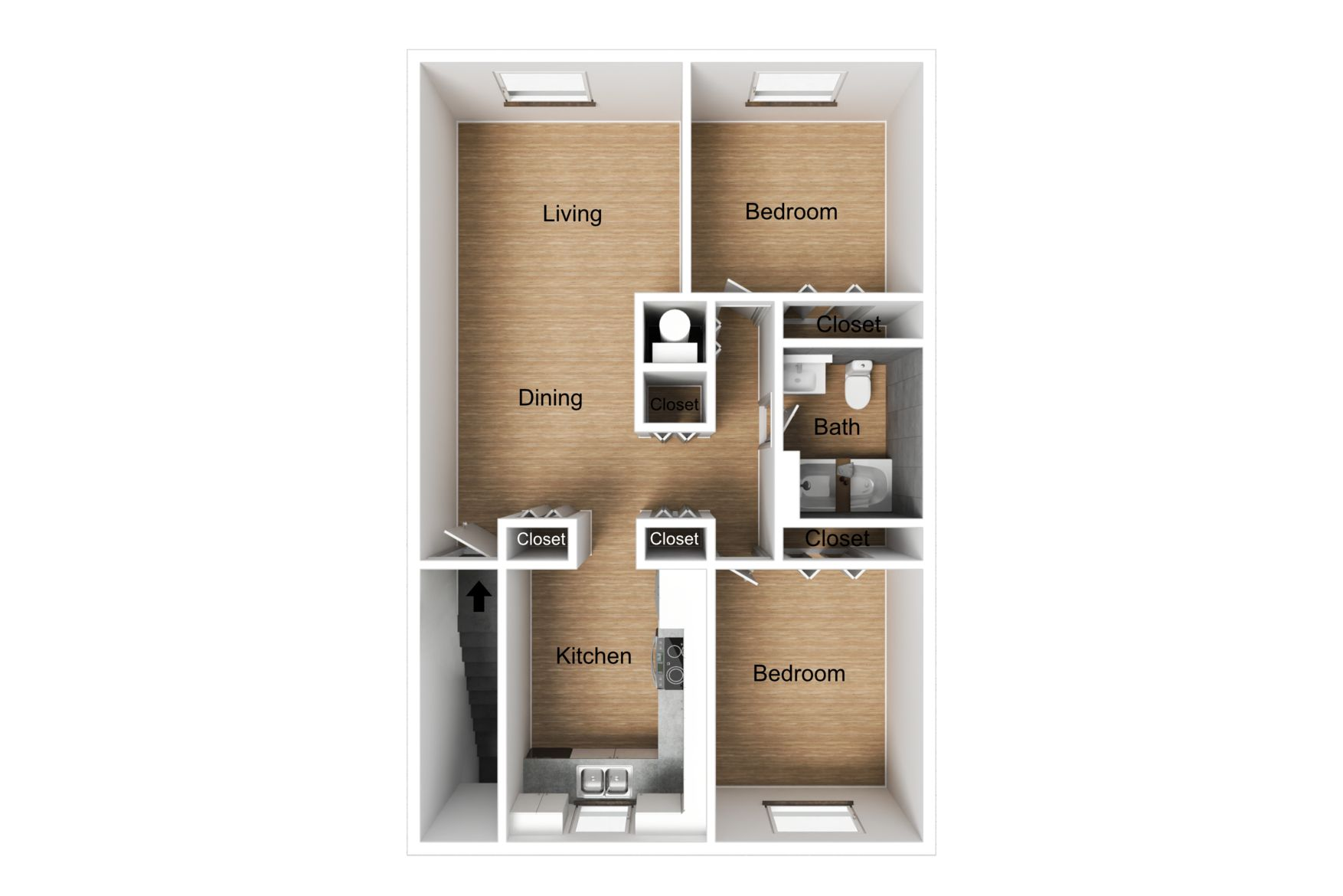 Floor plan of an apartment, labeled rooms: living, dining, kitchen, bedroom, den, and bathroom.