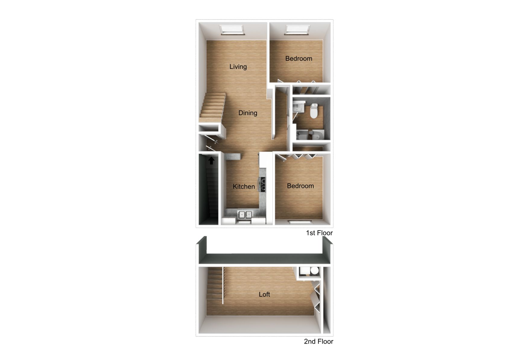 Floor plan of a two-story townhouse: kitchen, living room, two bedrooms, and a garage.