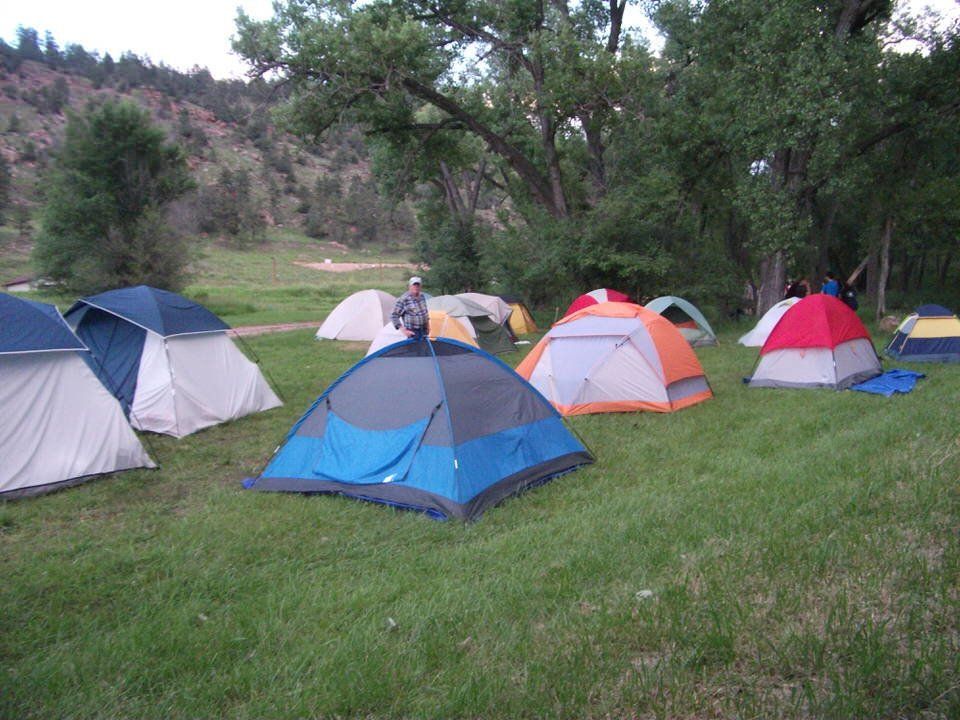 A group of tents are lined up in a grassy field