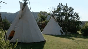 A couple of teepees sitting on top of a lush green field.