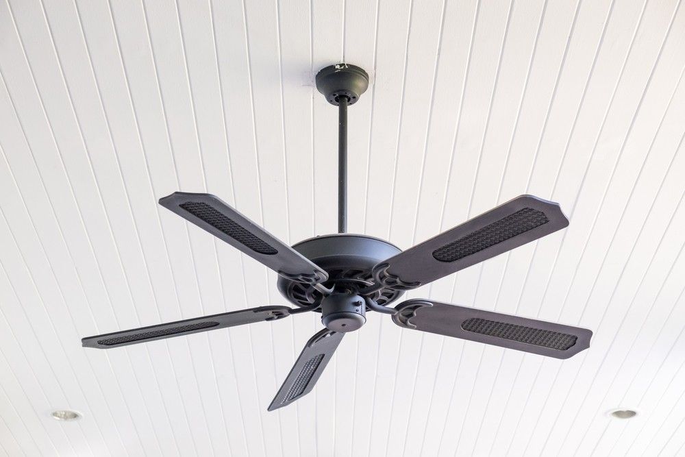 A Black Ceiling Fan is Hanging From the Ceiling of a Room — Rob Fritsch Electrical in Wagga Wagga, NSW