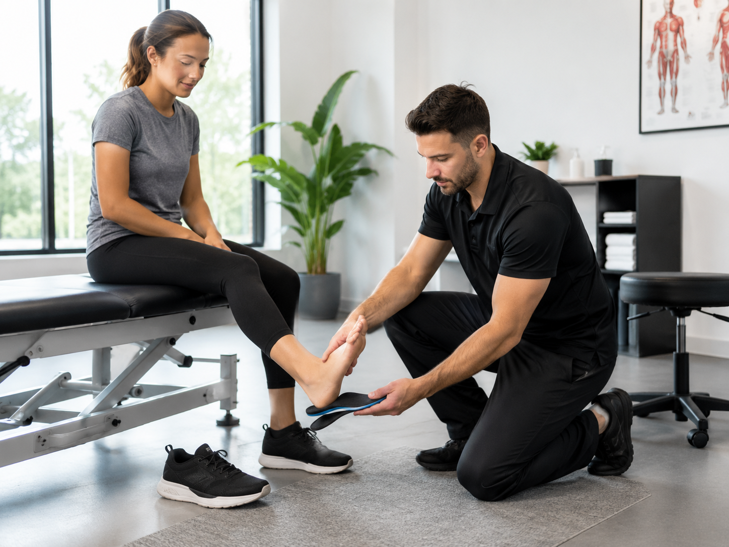 Physiotherapist assessing a patient’s foot and fitting a custom orthotic insert in a Mississauga cli