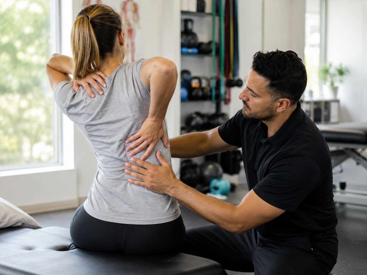 Physiotherapist assessing recurring back and shoulder pain during a movement evaluation at a Mississ