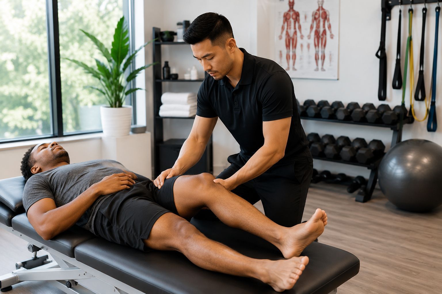 Physiotherapist assessing hip and leg mobility at a Mississauga physiotherapy clinic