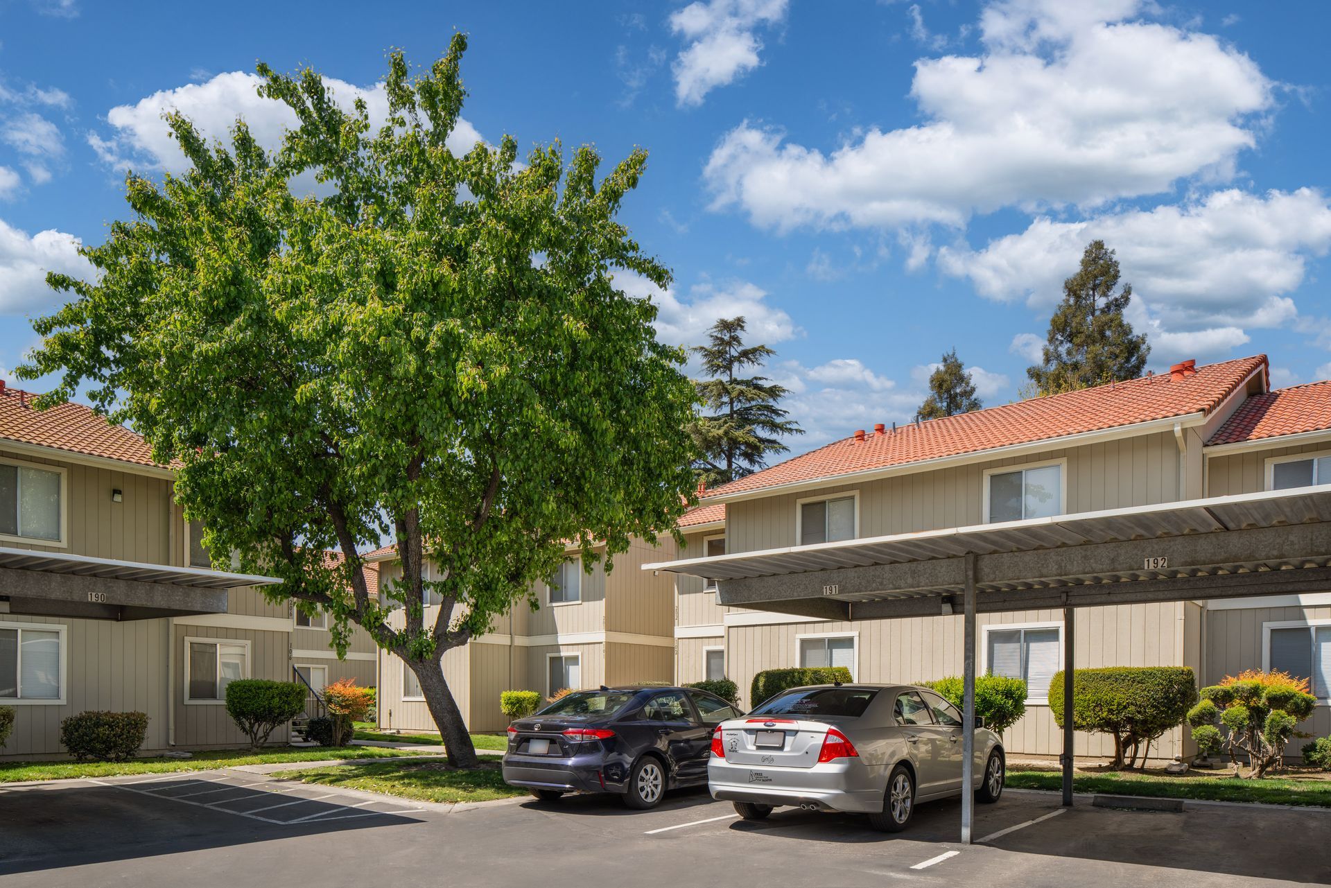Apartment building with covered parking. Cars parked beneath a carport on a sunny day.