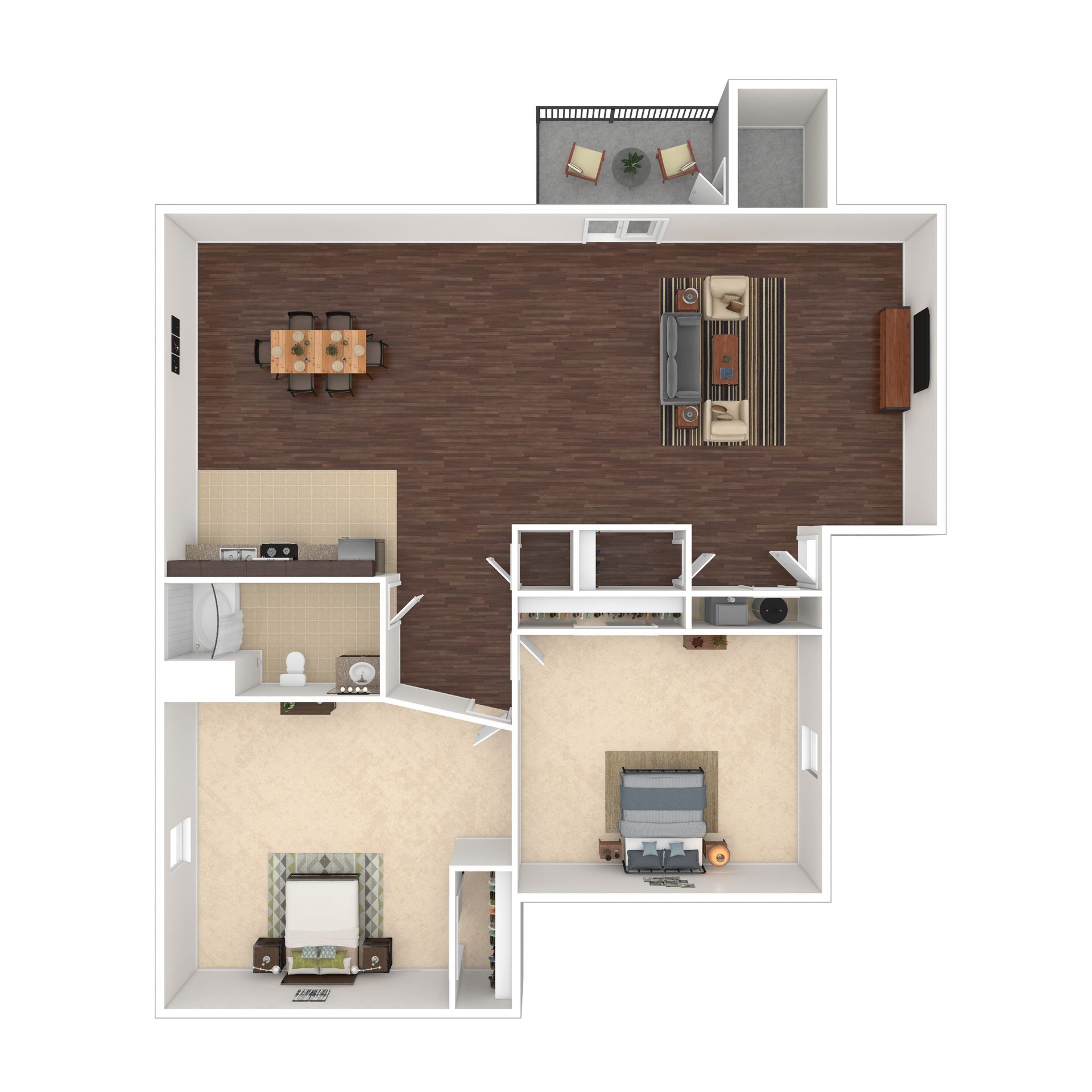 Floor plan of an apartment; brown floors, two bedrooms, a balcony, and a dining area.