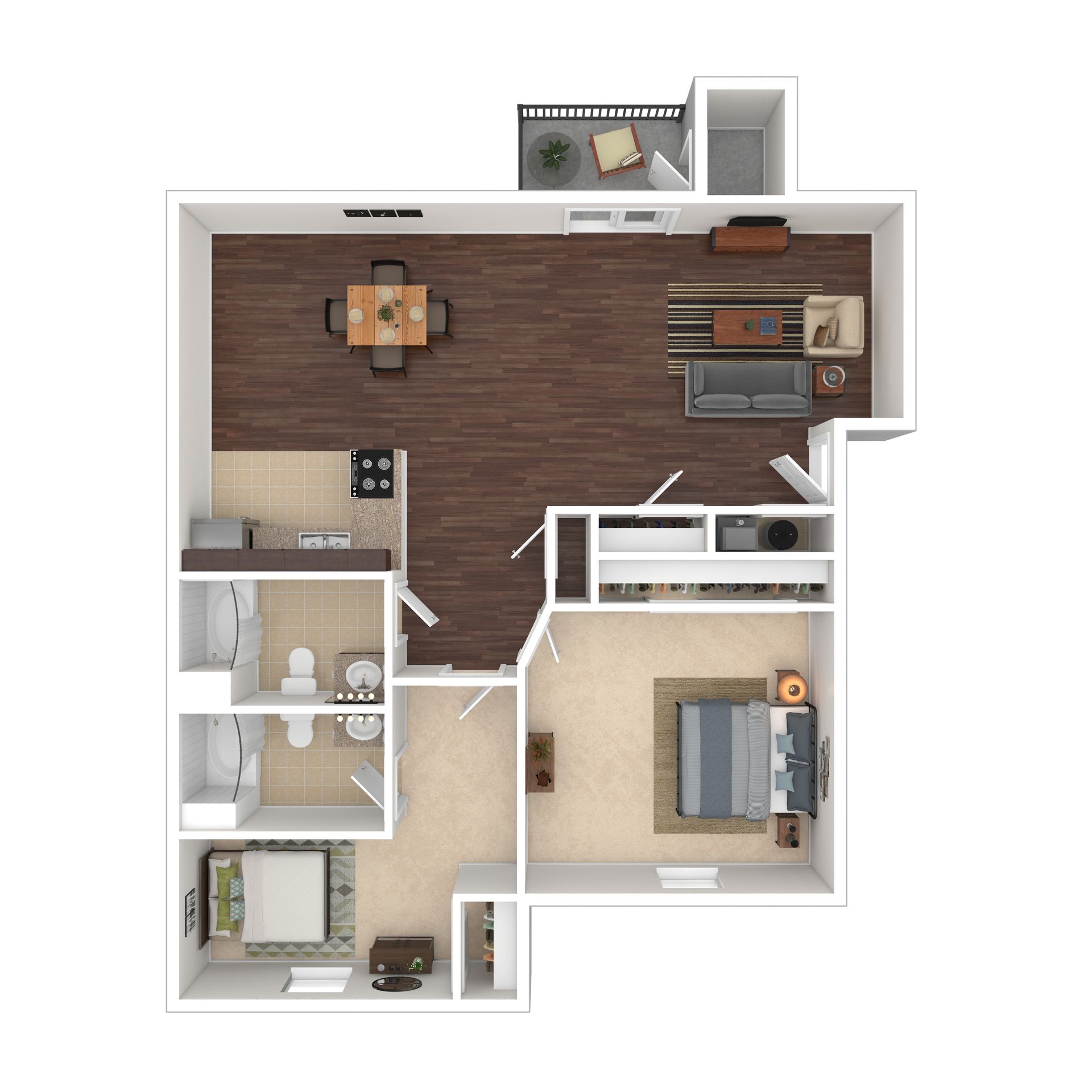 Floor plan of a two-bedroom apartment with a kitchen, living room, dining area, and a balcony.