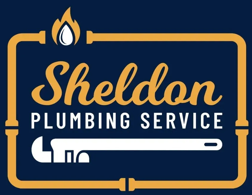 Logo for Sheldon Plumbing Service featuring a wrench, flame, and pipes on a navy background.