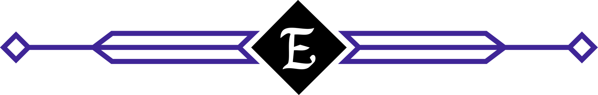 Purple horizontal line with diamond shapes on the ends. A black diamond shape in the center features the letter