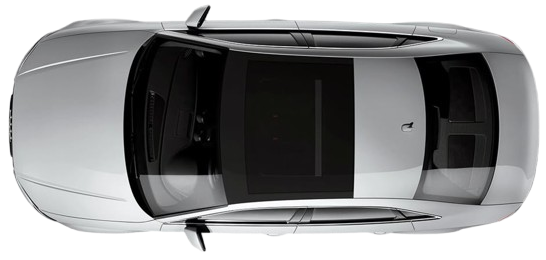 An aerial view of a silver car with a black roof.