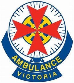 Ambulance Victoria logo: red Maltese cross, blue banner with 