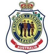 RSL Australia emblem: Shield with crown, figures, text, and ribbon.
