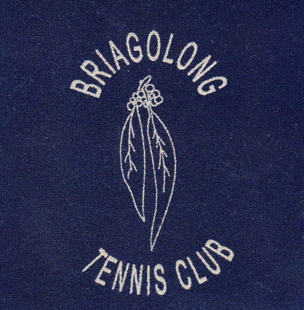 Embroidered Briagolong Tennis Club logo on blue fabric; white text and leaf design.