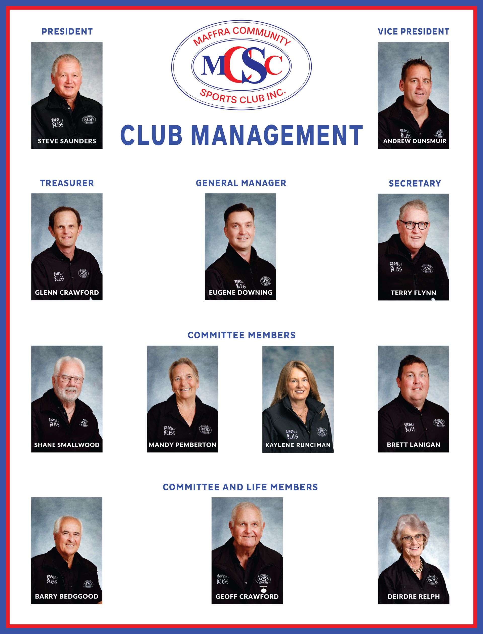 A poster showing the club management of the msc