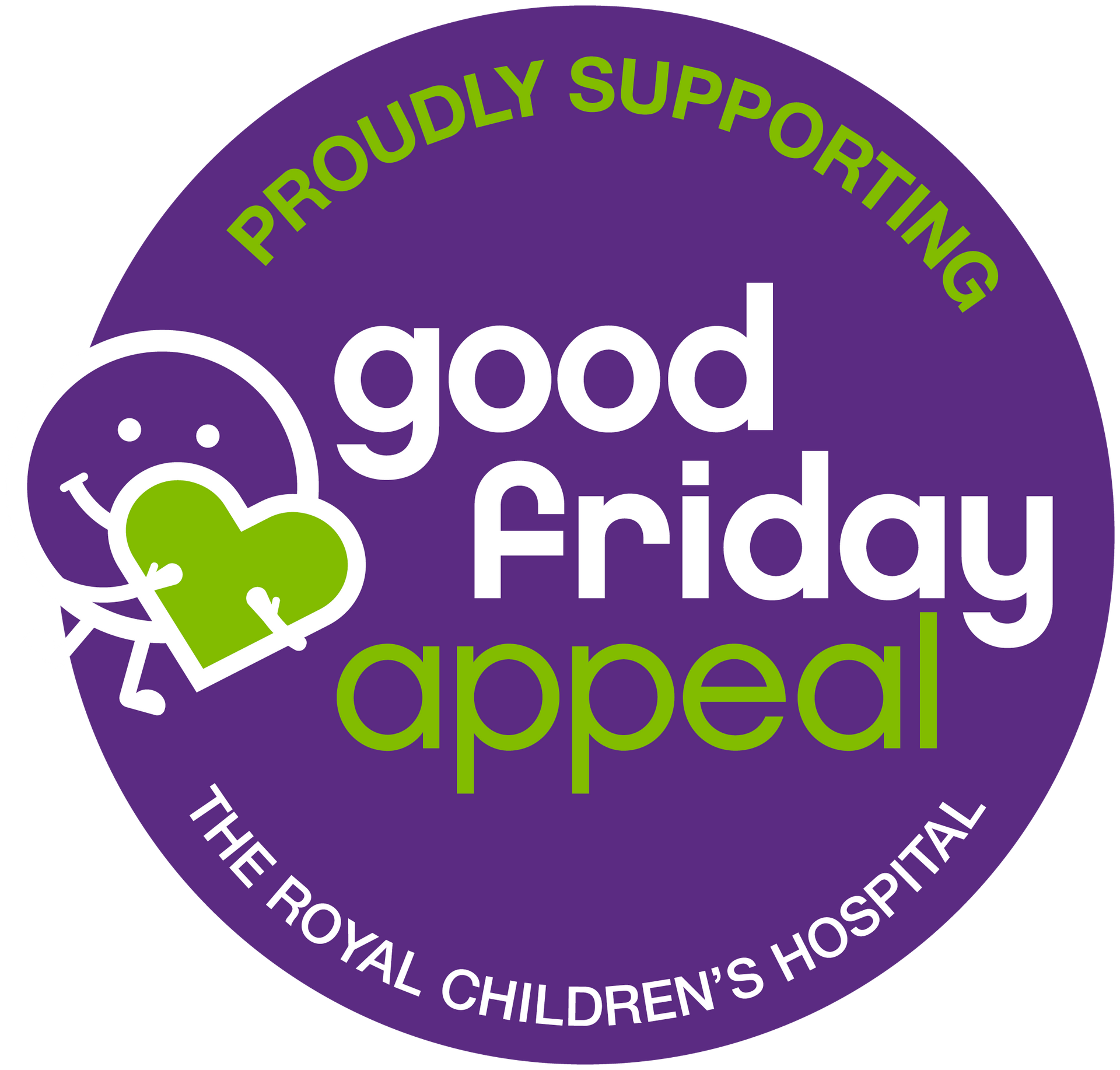 Logo for Good Friday Appeal: Purple circle, green/white text, child holding heart, supporting The Royal Children's Hospital.