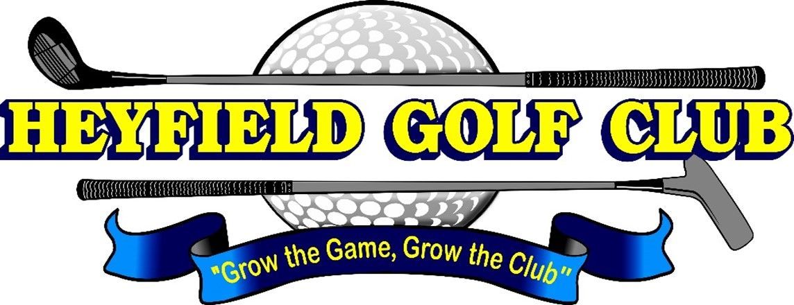 Logo for Heyfield Golf Club with a golf ball, clubs, and a banner that reads, 