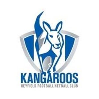 Logo of the Heyfield Football Netball Club: kangaroo in blue and white shield with word 