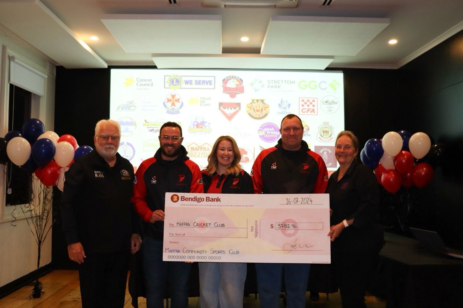 Group presents a large check, likely for a donation, in a room with balloons and logos.