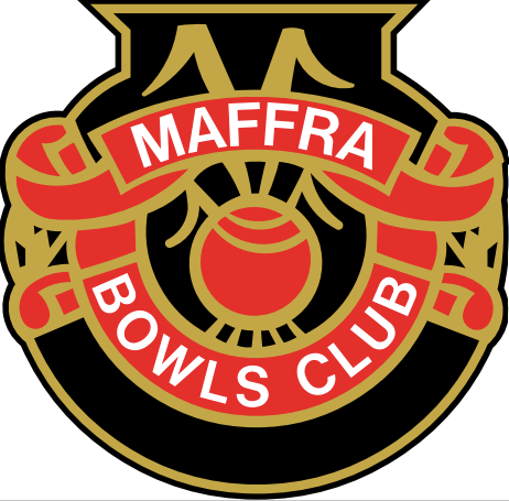 Maffra Bowls Club logo: black and red emblem with a bowl, text 