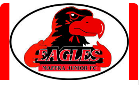Red and black eagle mascot with the word 