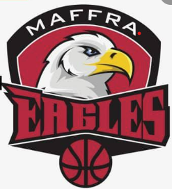 Maffra Eagles basketball logo: Eagle head inside a red shield, with the team name and a basketball below.