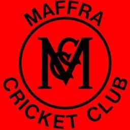 Red and black Maffra Cricket Club logo: black text and emblem on a red background.