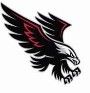 Black and white eagle with red accents, wings spread, talons extended, swooping down.