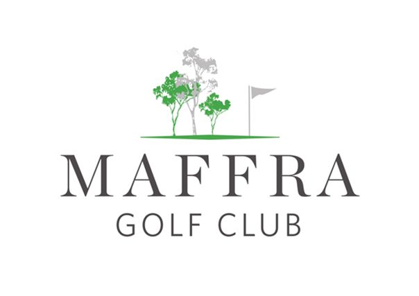 Maffra Golf Club logo: Text with trees and golf flag on white. Dark text, green/gray elements.