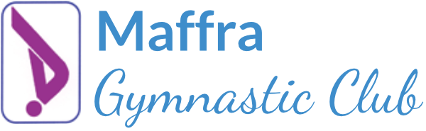 Logo for Maffra Gymnastic Club. Features a purple and white emblem and text in blue.