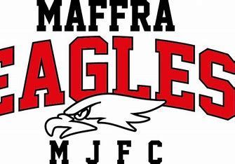 Maffra Eagles logo with red letters and eagle head. MJFC below.