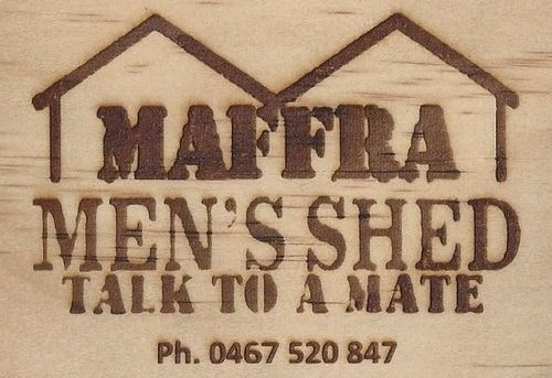 Maffra Men's Shed logo with two shed outlines, text, and phone number.