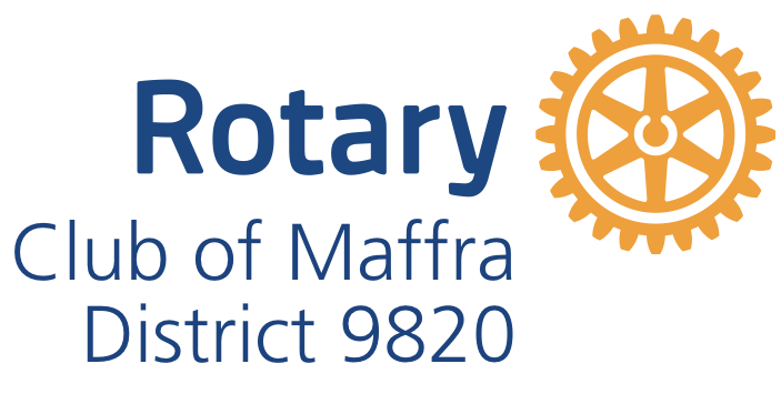 Rotary Club of Maffra logo with blue text and gold cogwheel emblem; District 9820.