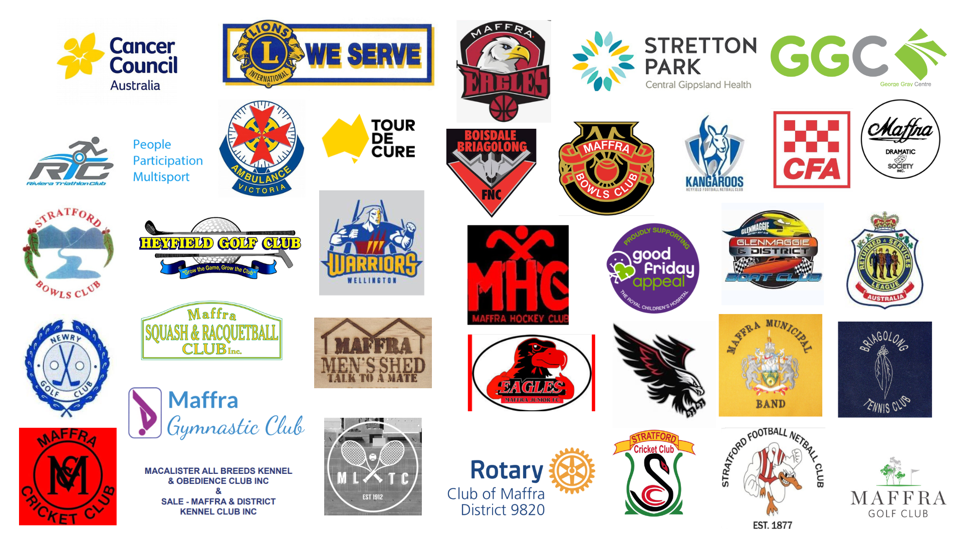 Logos of various Australian organizations, including charities, clubs, and service groups.