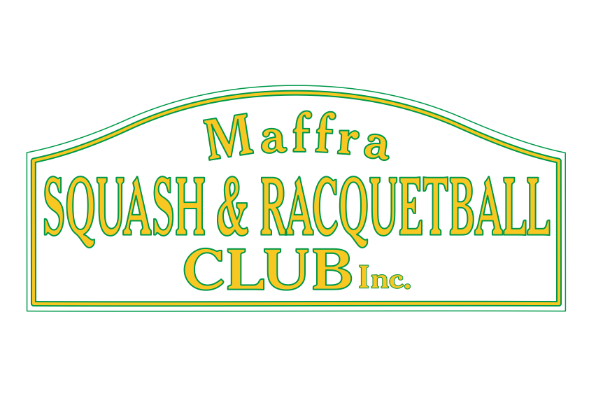 Logo for Maffra Squash & Racquetball Club Inc. with green and yellow text on a white background.