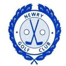 Newry Golf Club logo: blue and white circular emblem with golf clubs and text on a wreath.